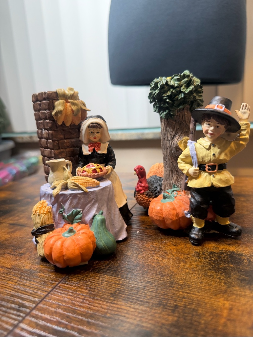 Vintage 1997 Painted Ceramic Pilgrim Candle Holders Pair Thanksgiving